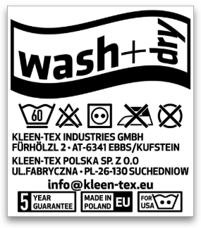 Pflegeetikett wash+dry mit Waschsymbolen und Herstellerangaben